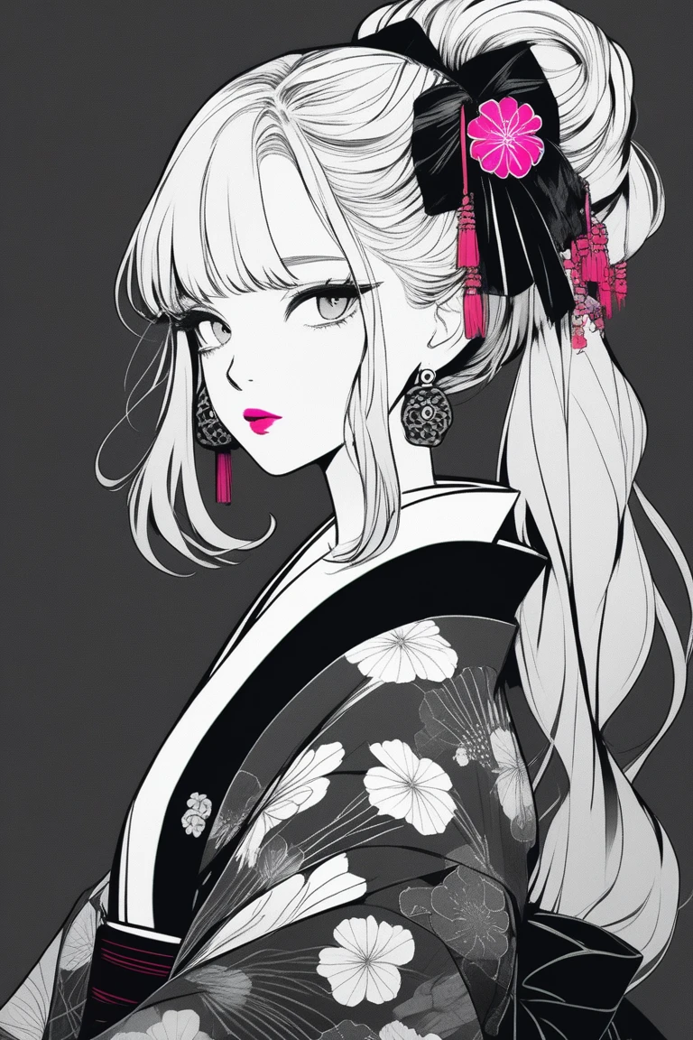(best quality, sketch:1.2),realistic,illustrator,anime,1 girl, detailed lips, kimono,custom, neon gradient, dark background,neon hair,textured cropping, masterpiece, style retro classic, noir style , Japanese style, ((monochrome))