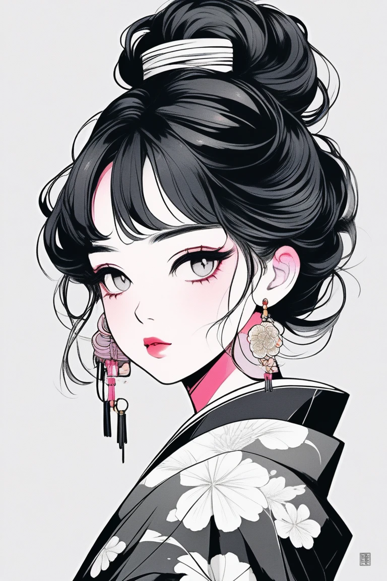 (best quality, sketch:1.2),realistic,illustrator,anime,1 girl, detailed lips, kimono,custom, neon gradient, dark background,neon hair,textured cropping, masterpiece, style retro classic, noir style , Japanese style, ((monochrome))
