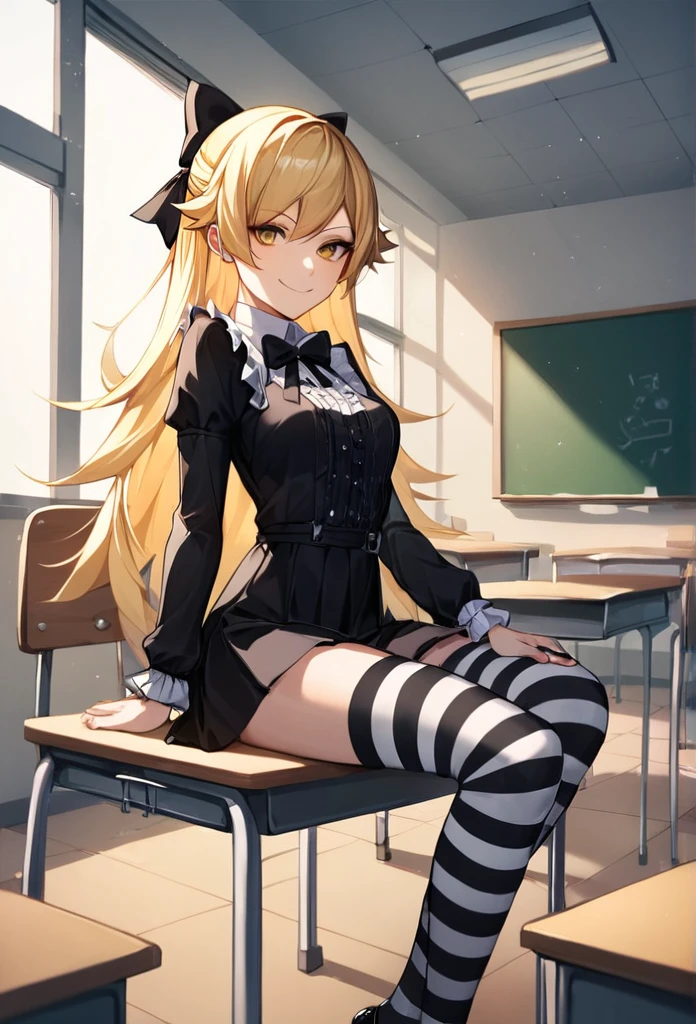 score_9, score_8_up, score_7_up, score_6_up, source_anime, rating_safe,, 1girl, solo, oshino shinobu, tv_gothic, blonde hair, long hair, yellow eyes, black dress, hair bow, striped thighhighs, frills, sitting, classroom, night, looking at viewer, smirk,no clothes naked, sexy very sexy 