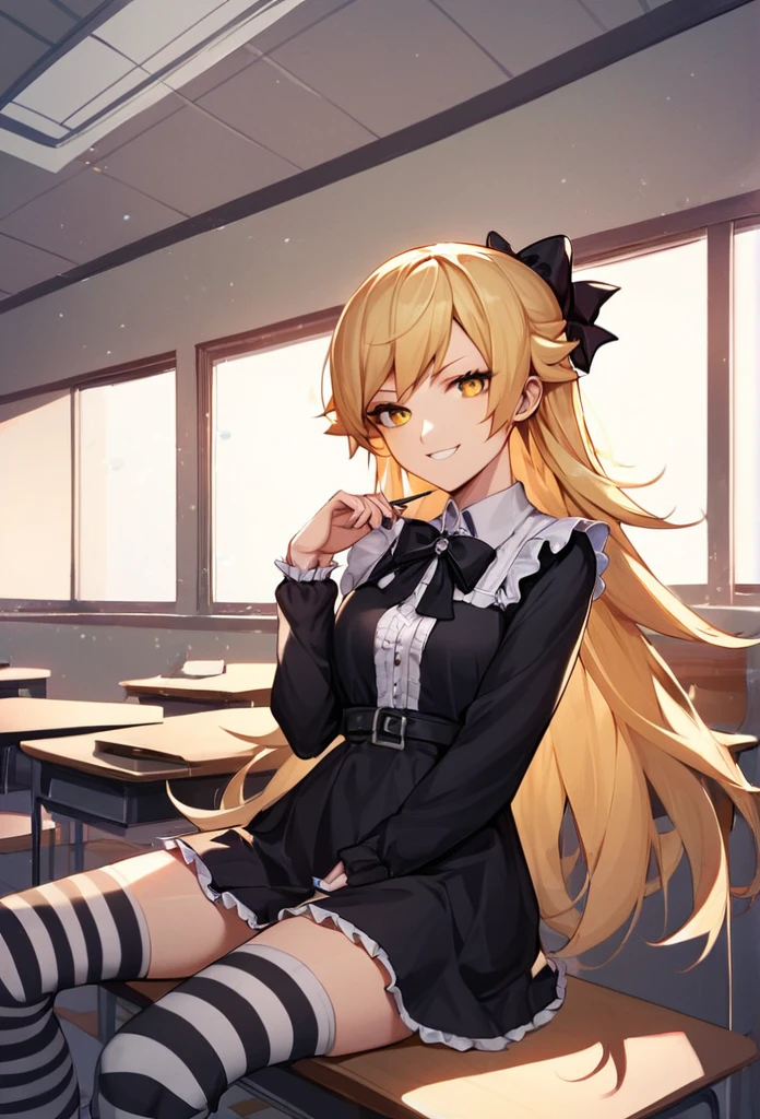 score_9, score_8_up, score_7_up, score_6_up, source_anime, rating_safe,, 1girl, solo, oshino shinobu, tv_gothic, blonde hair, long hair, yellow eyes, black dress, hair bow, striped thighhighs, frills, sitting, classroom, night, looking at viewer, smirk,no clothes naked, sexy very sexy 