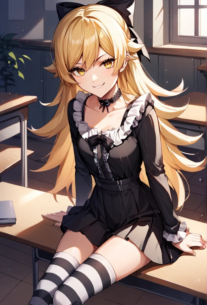 score_9, score_8_up, score_7_up, score_6_up, source_anime, rating_safe,, 1girl, solo, oshino shinobu, tv_gothic, blonde hair, long hair, yellow eyes, black dress, hair bow, striped thighhighs, frills, sitting, classroom, night, looking at viewer, smirk,no clothes naked, sexy very sexy 