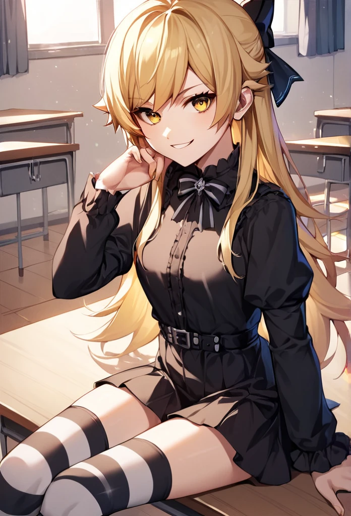 score_9, score_8_up, score_7_up, score_6_up, source_anime, rating_safe,, 1girl, solo, oshino shinobu, tv_gothic, blonde hair, long hair, yellow eyes, black dress, hair bow, striped thighhighs, frills, sitting, classroom, night, looking at viewer, smirk,no clothes naked, sexy very sexy 