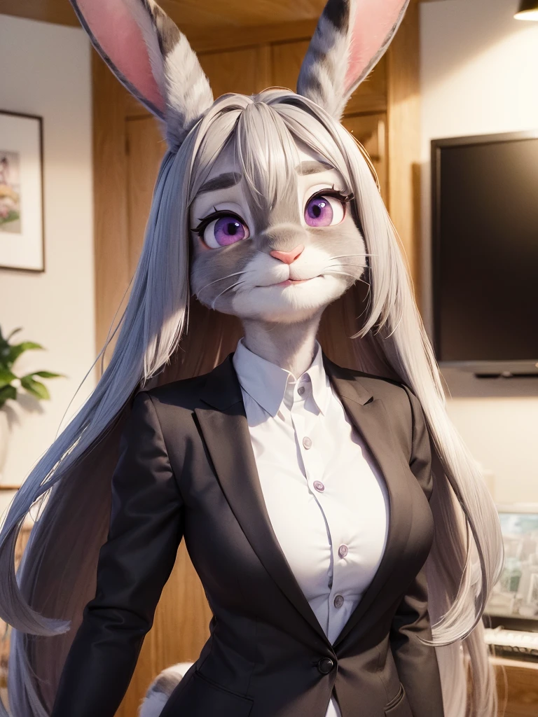 best quality,
masterpiece,
hyper Realistic,
ultra-detailed,
beautiful detailed,
4K,8K,High level,
PIXAR,
Photo real,
Portrait,
Looking at the audience,
background is an office,
Realistic lighting,
((anthropomorphic rabbit)),
detailed animals,
Complex patterns,
(furry:1.5),
(Whole skin is gray:1.4),
(body is fluffy and bushy:1.3),
((human hands)),
(Face is JudyHopps:1.35),
((long straight hair)),
wispy bangs, bangs,
purple eyes,
(arched eyebrows:1.2),
(uplift eyebrows:1.1),
(rabbit ears:1.1),
office lady is wearing suit,
((White blouse)) BREAK ((Black blazer)) BREAK ((Black pants)),
clothes made of wool,
((She is blushing in the cheeks)),
(solo:1.5),
(1 lady:1.5),
one character only
alone,
Perfect Anatomy,