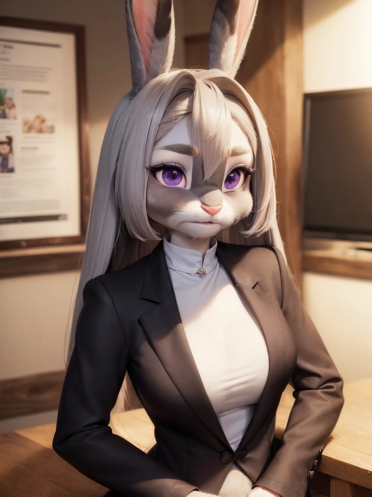 best quality,
masterpiece,
hyper Realistic,
ultra-detailed,
beautiful detailed,
4K,8K,High level,
PIXAR,
Photo real,
Portrait,
Looking at the audience,
background is an office,
Realistic lighting,
((anthropomorphic rabbit)),
detailed animals,
Complex patterns,
(furry:1.5),
(Whole skin is gray:1.4),
(body is fluffy and bushy:1.3),
((human hands)),
(Face is JudyHopps:1.35),
((long straight hair)),
wispy bangs, bangs,
purple eyes,
(arched eyebrows:1.2),
(uplift eyebrows:1.1),
(rabbit ears:1.1),
office lady is wearing suit,
((White blouse)) BREAK ((Black blazer)) BREAK ((Black pants)),
clothes made of wool,
((She is blushing in the cheeks)),
(solo:1.5),
(1 lady:1.5),
one character only
alone,
Perfect Anatomy,