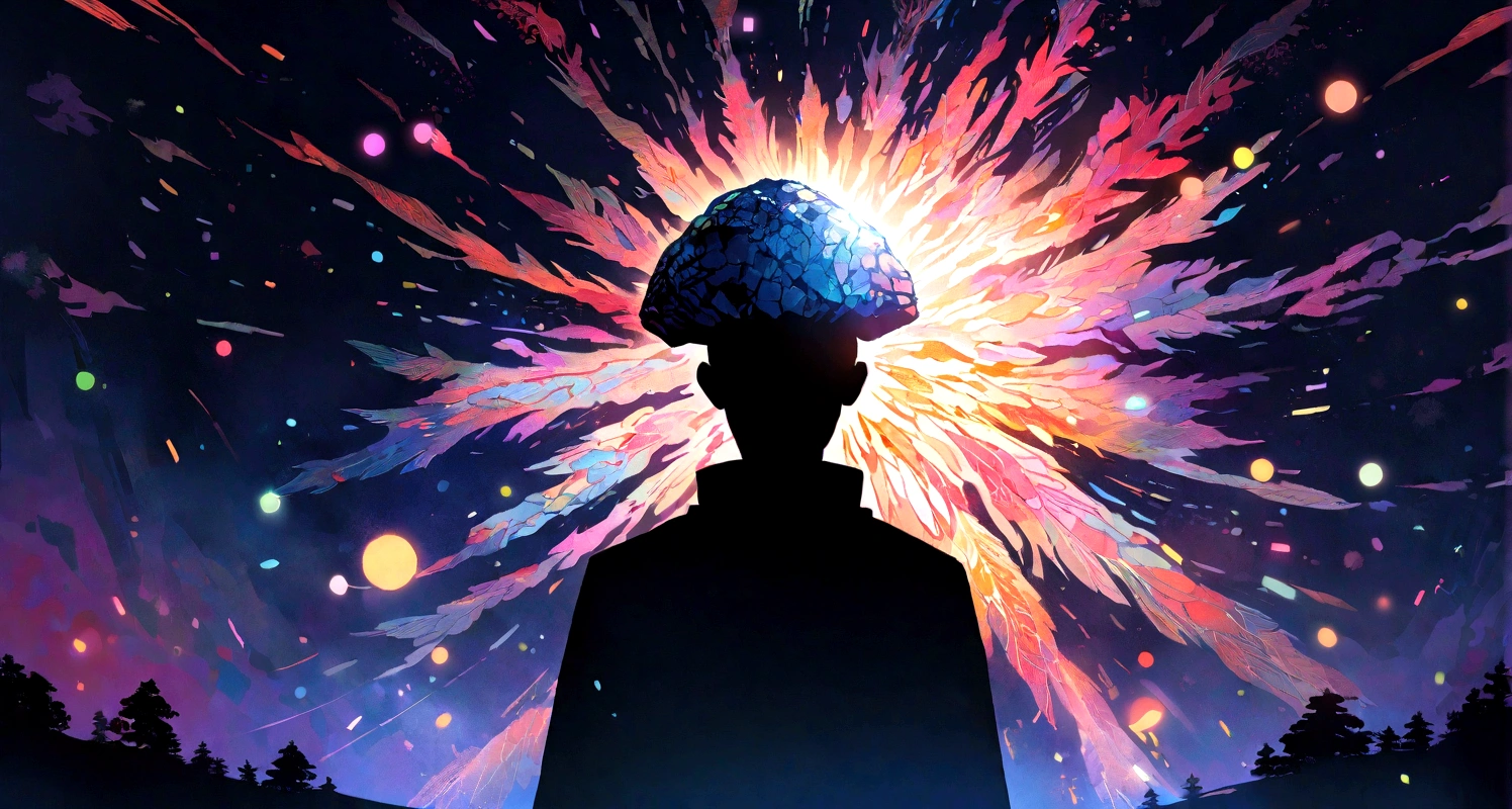 a person silhouette , stone, Texture, Tall, Majestic, The background is illuminated by sunlight，inverted image, colourful lights coming ou from the head, beautiful view around
