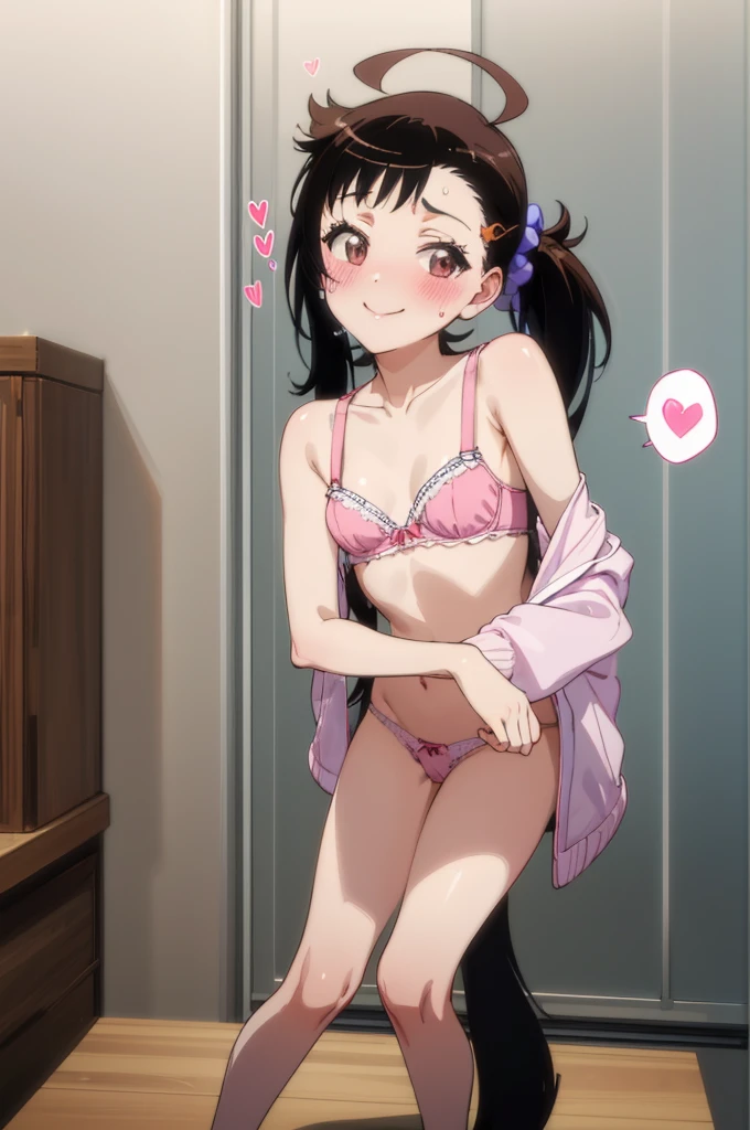 masterpiece, best quality, absurdres, 
1girl, , sweating, blush, ,my room,twintail,bra,panties,,looking viewer,smile,spoken heart,12yo,(petite),small breasts,,(nsfw)