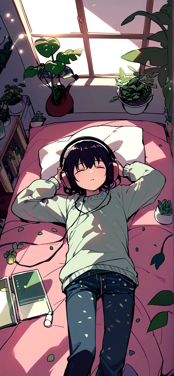 a boy lying in his room in jeans and a sweater with lots of plants around him and listening to music on headphones
