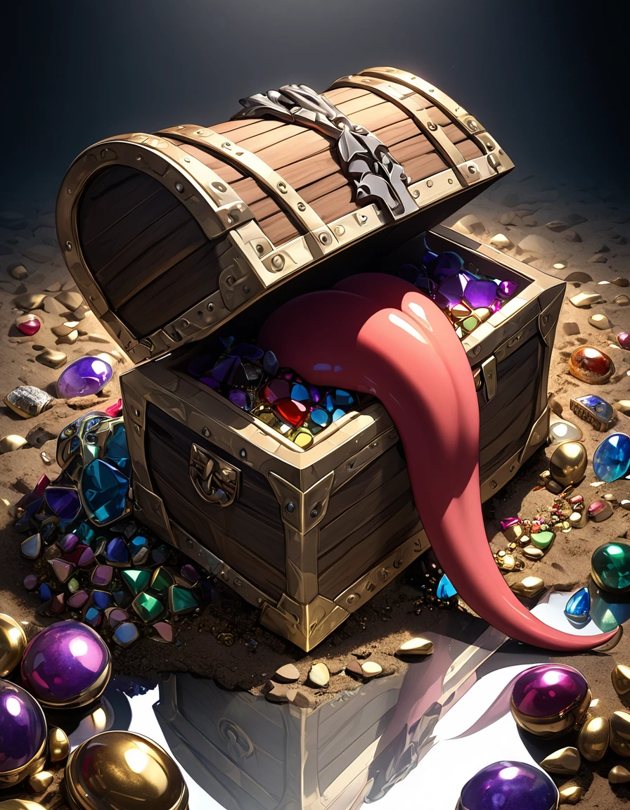 Mimic Treasure Chest, Upscale Treasure Box, detailed and realistic, Sharp teeth, Long Tongue, Wide open lid, Open the lid of the treasure chest, BREAK Fierce teeth and tongues visible among aesthetic ornaments, Buried in gemstones, Sharp Fangs, luxury, upscale, Three-dimensional, Fascinating chiaroscuro, Transparent reflection, BREAK Jewelry, precious metals, Artwork, All first-class,