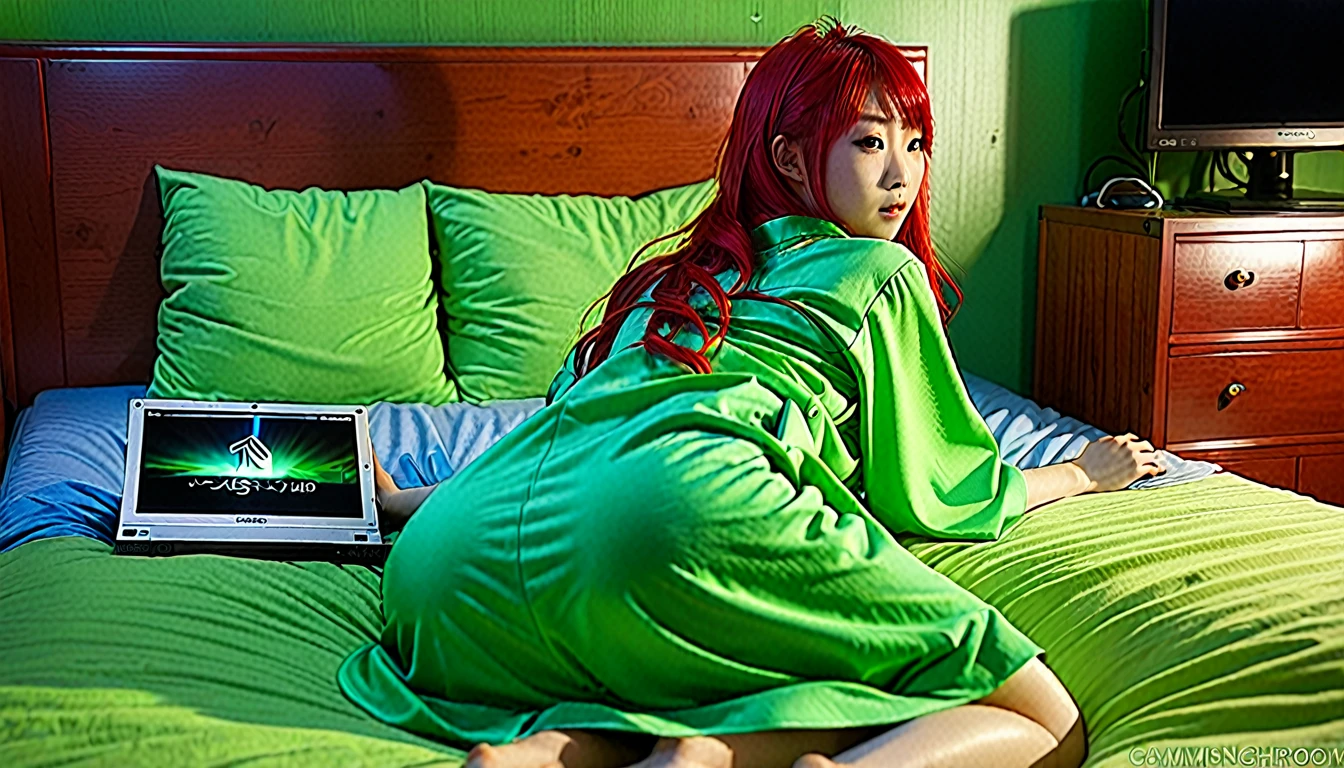 Uhd, photo of Cami, subject: Noriko, 1/2 Japanese 1/2 Hainu skinny girl with long red hair lying in a bed using the lit portable computer placed in front of her on the bed, viewed from behind, blue+++ eye, LGBTQIA+, queer, punk style, wearing green long nightgown. Background: wooden bedroom.