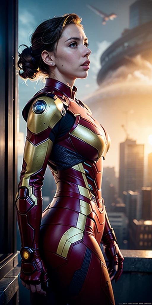 (Scarlett Johansson), solo,__body-parts__, official art, unity 8k wallpaper, ultra detailed, beautiful and aesthetic, beautiful, masterpiece, best quality, RAW, masterpiece, super fine photo,, best quality, super high Resolution, photorealistic, sunlight, full body portrait, stunningly beautiful,, dynamic pose, delicate face, vibrant eyes, (side view), she is wearing a futuristic Iron Man mech, red and gold, Highly detailed abandoned warehouse background, detailed face, detailed complex busy background, messy, gorgeous, milky, high detailed skin, realistic skin details, visible pores, sharp focus, volumetric fog, 8k uhd, dslr camera, High quality, film grain, fair skin, photorealism, lomography, sprawling metropolis in a futuristic dystopia, view from below, translucent
