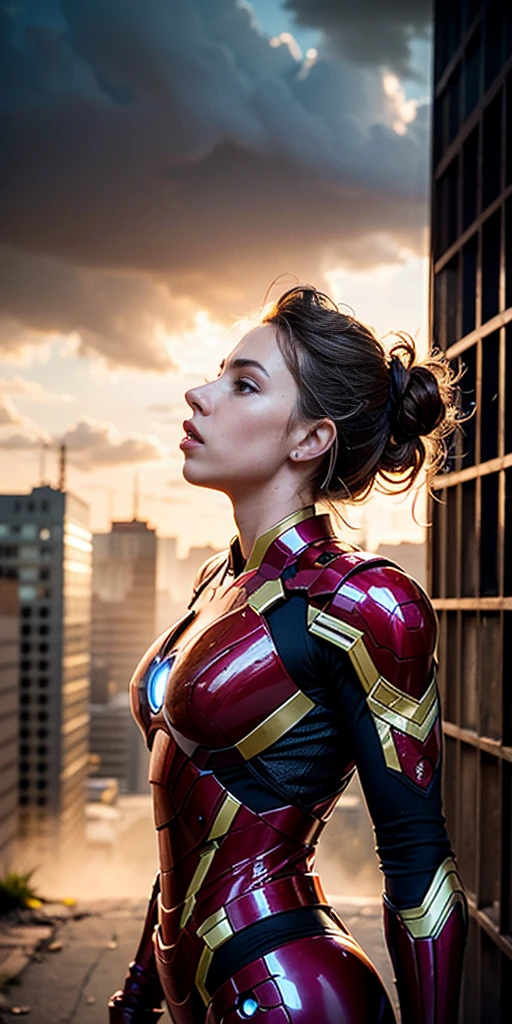 (Scarlett Johansson), solo,__body-parts__, official art, unity 8k wallpaper, ultra detailed, beautiful and aesthetic, beautiful, masterpiece, best quality, RAW, masterpiece, super fine photo,, best quality, super high Resolution, photorealistic, sunlight, full body portrait, stunningly beautiful,, dynamic pose, delicate face, vibrant eyes, (side view), she is wearing a futuristic Iron Man mech, red and gold, Highly detailed abandoned warehouse background, detailed face, detailed complex busy background, messy, gorgeous, milky, high detailed skin, realistic skin details, visible pores, sharp focus, volumetric fog, 8k uhd, dslr camera, High quality, film grain, fair skin, photorealism, lomography, sprawling metropolis in a futuristic dystopia, view from below, translucent
