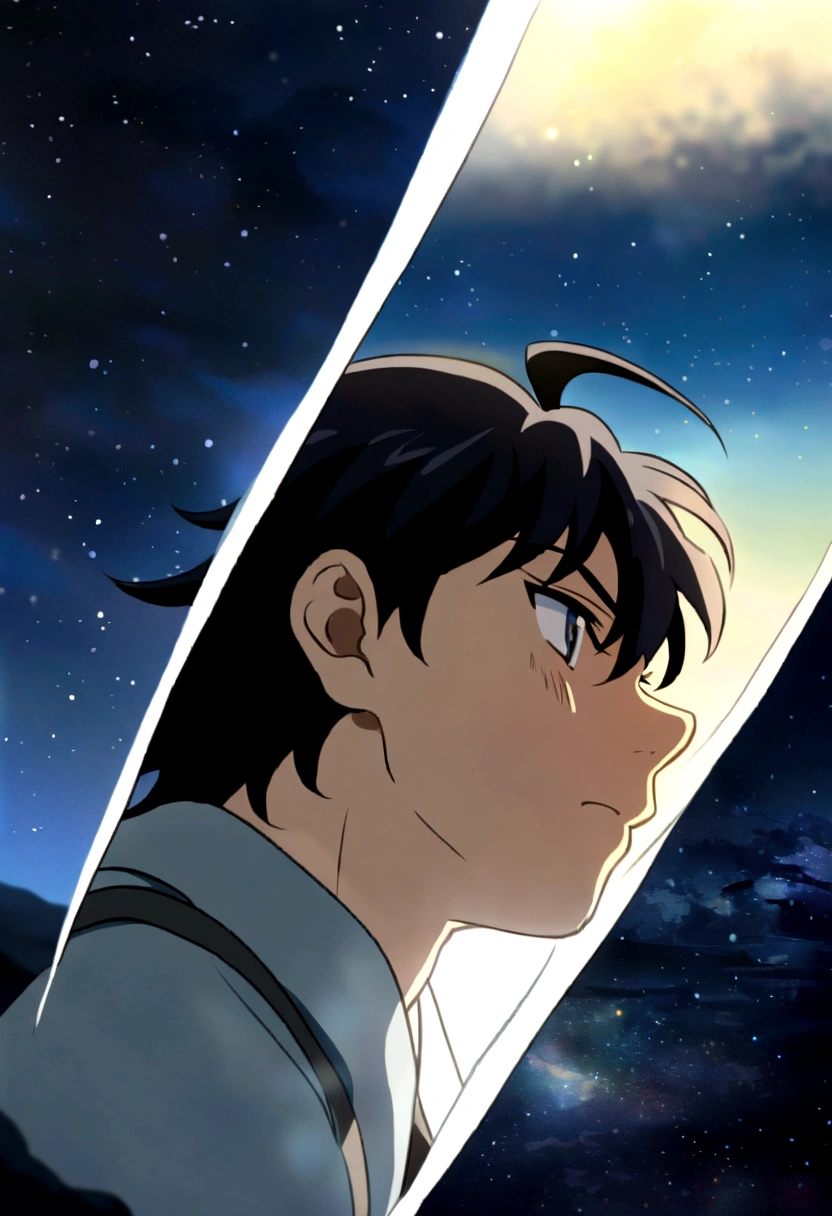 Black Hair, Ahoge, sleepy, Bad mood, anime, anime style, Chiaroscuro, Depth of written boundary, Motion Blur, Ultra-high resolution, Attention to detail, high quality, Close-up of the profile of high school students sitting on a cliff against a clear blue starry sky