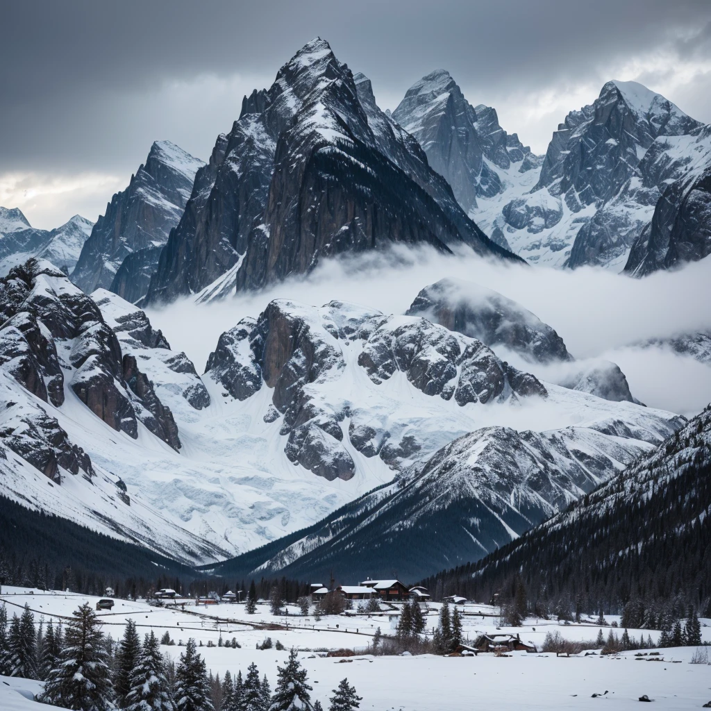 Create a landscape of snowy mountains on a sunless day, dark cloudy