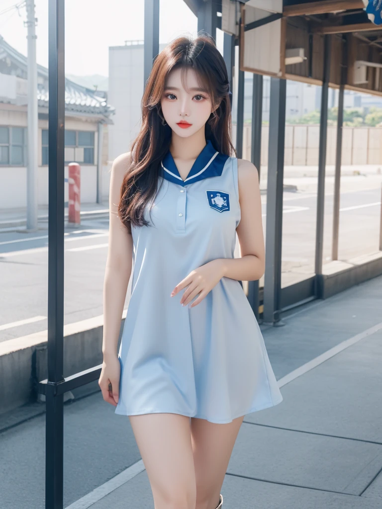 Beautiful woman wearing a blue white Wearing uniform korea style clothes mini dress with decorations on the shirt and visible shoulders and wearing boots and being photographed with a background And was standing in the school yard ,Korean style swag, beautiful face so gorgeous, Beautiful eyes, y2k style,