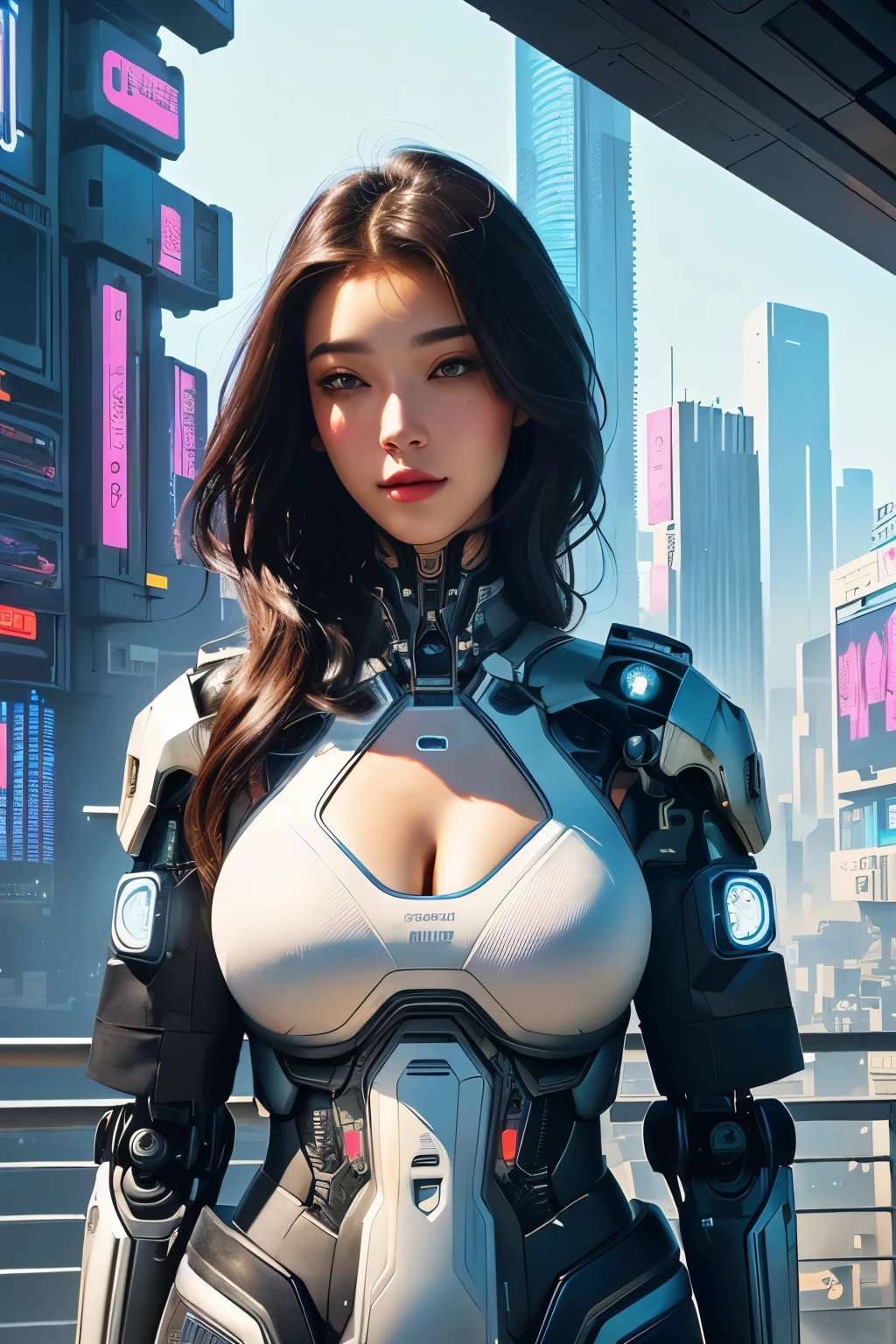 Close up of beautiful woman standing in front of city, Highly detailed official illustrations, lopi girl, Digital Cyberpunk - Art, digital cyberpunk art, Robot mixed with organic matter,