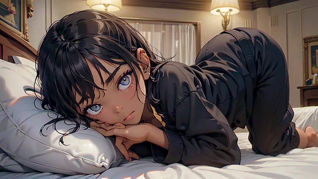 best god quality, Ultra-detailed, perfect Anatomy, (Draw a girl laying in a hotel bed), (lights are off), dark room, room is dark, 1girl, is a soft beautiful tan girl, wearing black pajama shorts, dark skin girl, tan line skin, (dark skin*2), (black + short wavy hair*1.2), Full limbs, complete fingers, groin, Beautiful gold eyes, well-proportioned tan girl, smug eyes, black pajama shirt, dark pajama bottoms, in a dark hotel room, High resolution, Best lighting by professional AI, hotel room, lights are off, looking at viewer, (((One girl in middle))), (((SOLO))), (they are laying down in bed) ((bed sheets over body))