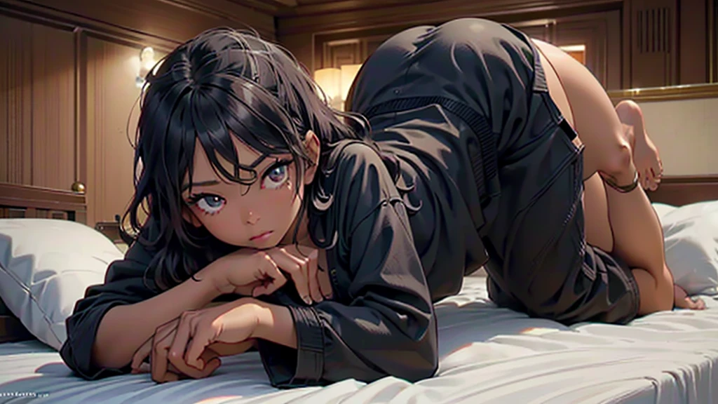 best god quality, Ultra-detailed, perfect Anatomy, (Draw a girl laying in a hotel bed), (lights are off), dark room, room is dark, 1girl, is a soft beautiful tan girl, wearing black pajama shorts, dark skin girl, tan line skin, (dark skin*2), (black + short wavy hair*1.2), Full limbs, complete fingers, groin, Beautiful gold eyes, well-proportioned tan girl, smug eyes, black pajama shirt, dark pajama bottoms, in a dark hotel room, High resolution, Best lighting by professional AI, hotel room, lights are off, looking at viewer, (((One girl in middle))), (((SOLO))), (they are laying down in bed) ((bed sheets over body))