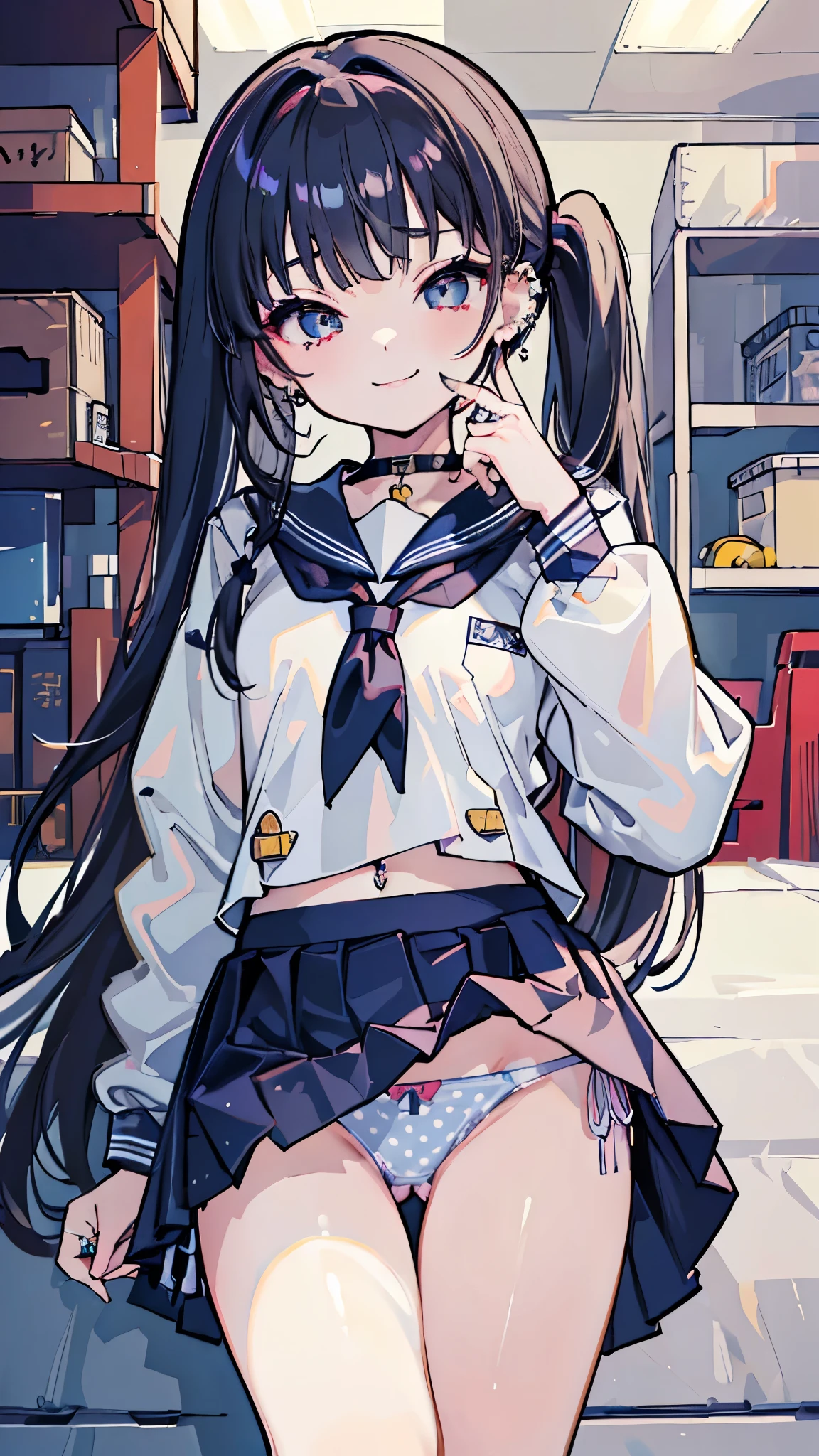 (8K、Best image quality、Highest quality、masterpiece)、Detailed face、 One girl、Black Hair、Long Hair、Grey Eyes、evil smile、((lots of piercings))、Small breasts、((Sailor suit))、Long sleeve、((Navy blue pleated skirt))、((skirtlift))、((Lift up the skirt))、((Polka dot pattern panties))、Cowboy Shot、Shoot from below、Gym storeroom