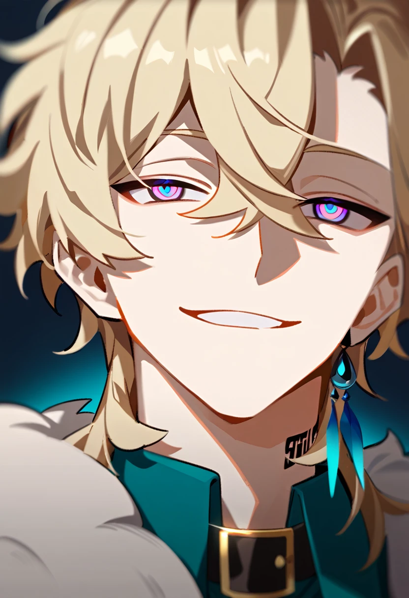 ((в профиль)) (1boy, solo, solo focus), смеется, male focus, bishounen, pale skin, aventurine, blonde hair, medium hair, (two-tone eyes, purple eyes, blue eyes), (perfect face, perfect eyes:1.2), seductive smile, BREAK, (portrait:1.2), indoors, simple background
