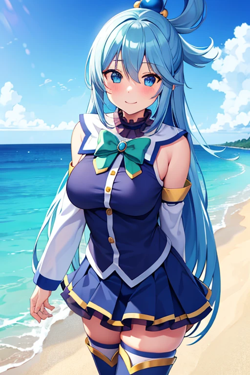 Aqua \(KonoSuba\), mksks style, (Highly detailed background:1.0), (Highly detailed background:1.0), {masterpiece}, high quality, One girl, blue eyes, Blue footwear, Blue Hair, blue Knee socks, blush, boots, chest, bubble, Removable sleeves, hair ornaments, Hair Ring, Lift your legs, Long Hair, View your viewers, medium chest, Open Hand, シングルHair Ring, skirt, smile, alone, Are standing, Are standing on one leg, thigh boots, Knee socks, very Long Hair, water, white Knee socks, kono subarashii sekai ni shukufuku wo!,Beach, Warm atmosphere,In the sand