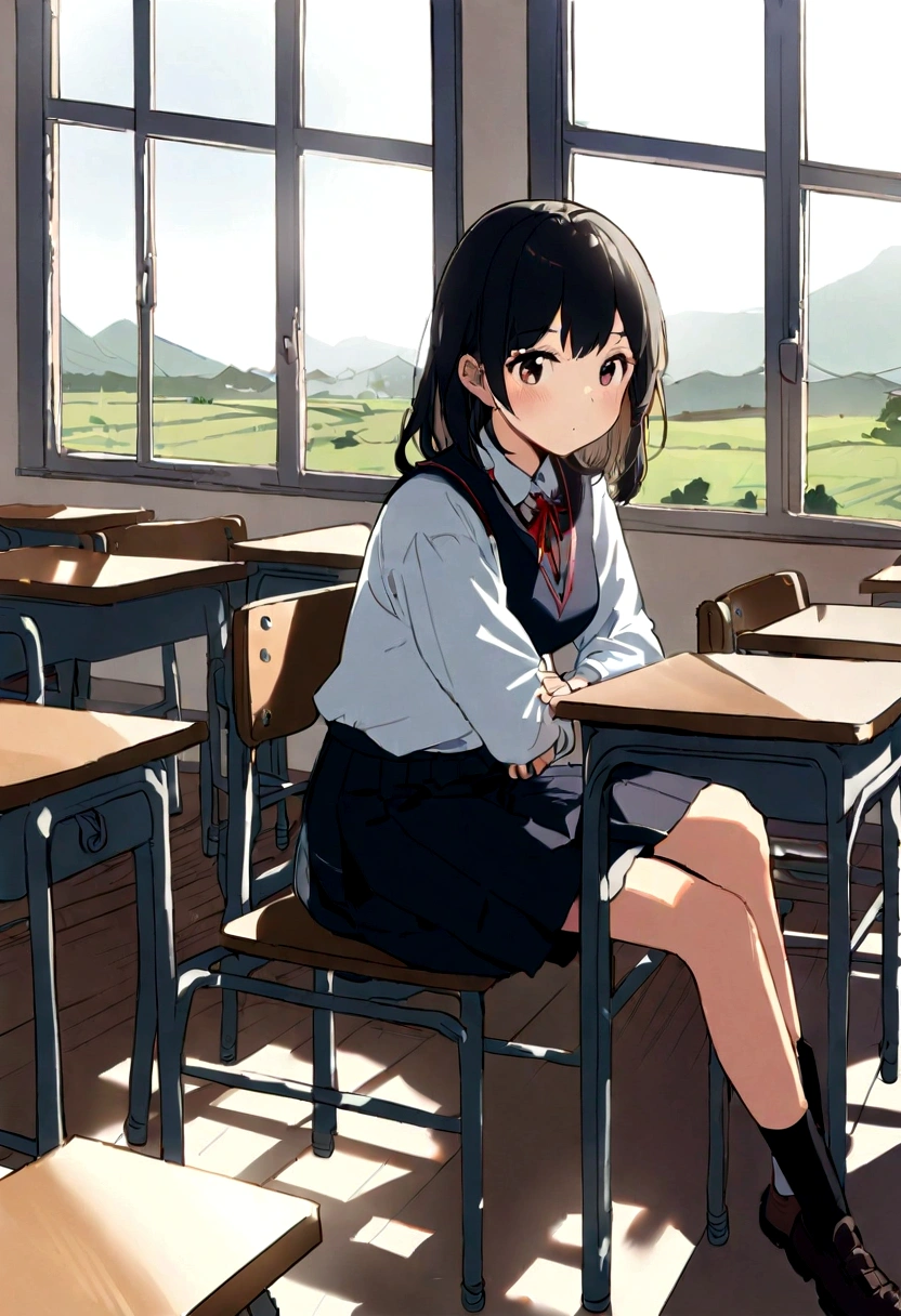 One Girl、Around 20 years old、An illustration、countryside、School、classroom、Window、Sit on a chair