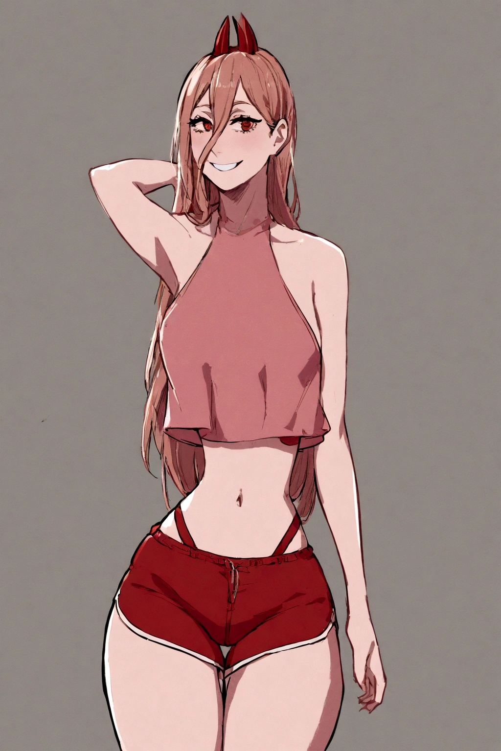 a girl in a short pink crop top showing half her midriff, crimson red shorts, face smiling seductively.