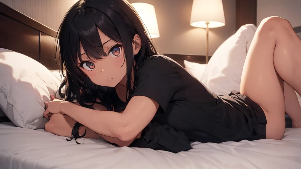 best god quality, Ultra-detailed, perfect Anatomy, (Draw a girl laying in a hotel bed), (lights are off), dark room, room is dark, 1girl, is a soft beautiful tan girl, wearing black pajama shorts, dark skin girl, tan line skin, (dark skin*2), (black + short wavy hair*1.2), Full limbs, complete fingers, groin, Beautiful gold eyes, well-proportioned tan girl, smug eyes, black pajama shirt, dark pajama bottoms, in a dark hotel room, High resolution, Best lighting by professional AI, hotel room, lights are off, looking at viewer, (((One girl in middle))), (((SOLO))), (they are laying down in bed) ((bed sheets over body))