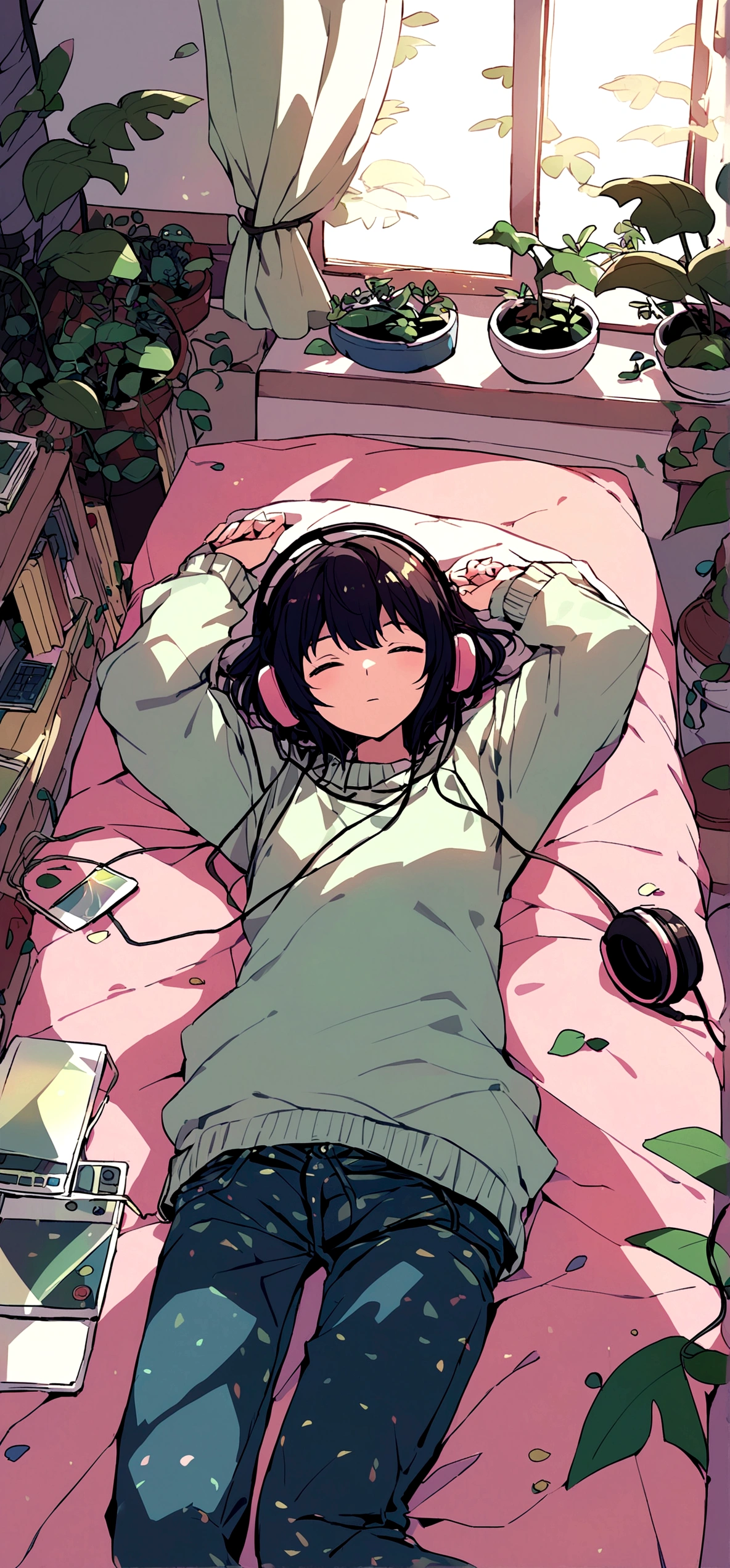 a boy lying in his room in jeans and a sweater with lots of plants around him and listening to music on headphones