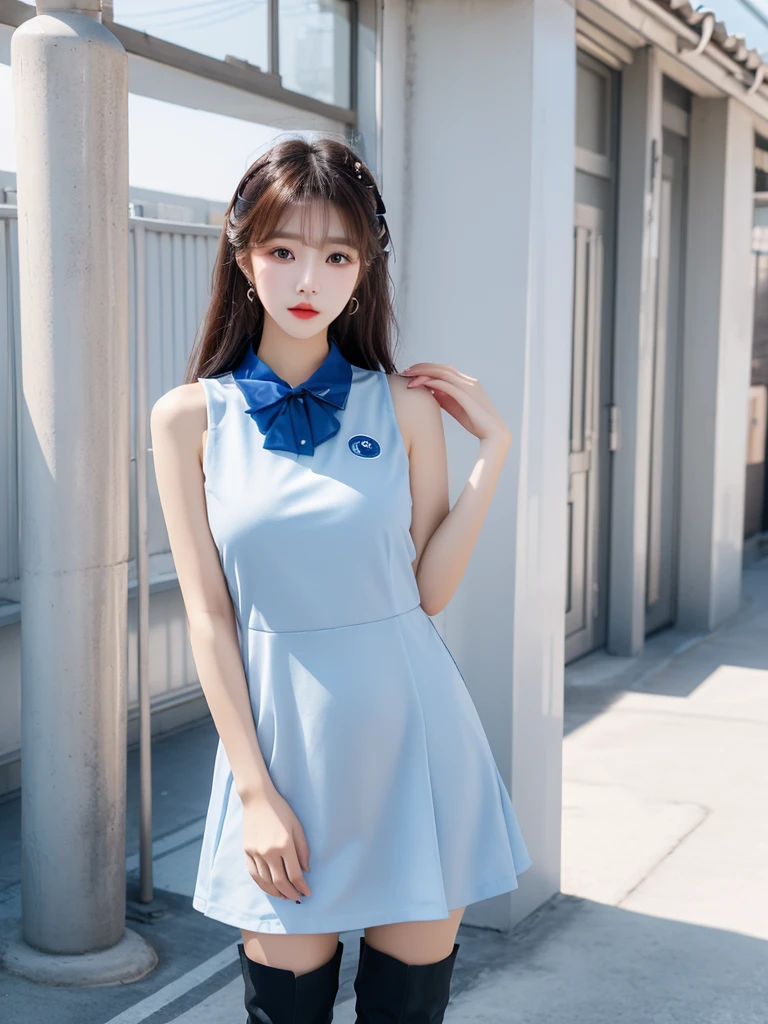 Beautiful woman wearing a blue white Wearing uniform korea style clothes mini dress with decorations on the shirt and visible shoulders and wearing boots and being photographed with a background And was standing in the school yard  ,Korean style swag, beautiful face so gorgeous, Beautiful eyes, y2k style,