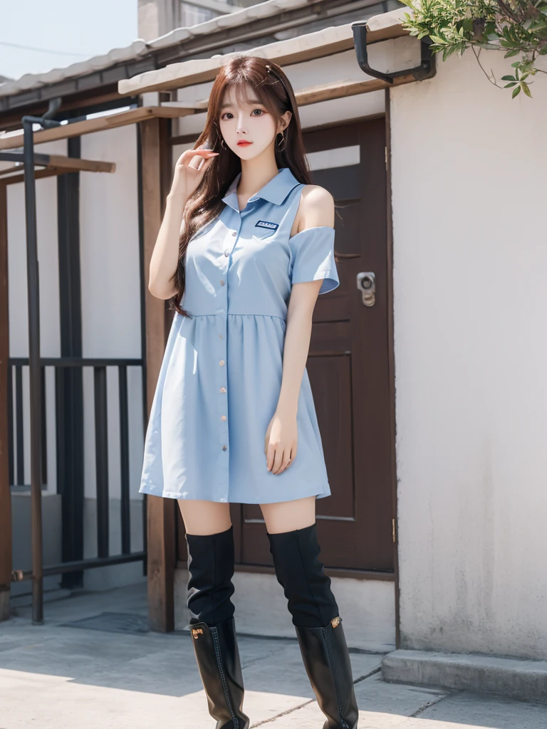 Beautiful woman wearing a blue white Wearing uniform korea style clothes mini dress with decorations on the shirt and visible shoulders and wearing boots and being photographed with a background And was standing in the school yard ,Korean style swag, beautiful face so gorgeous, Beautiful eyes, y2k style,
