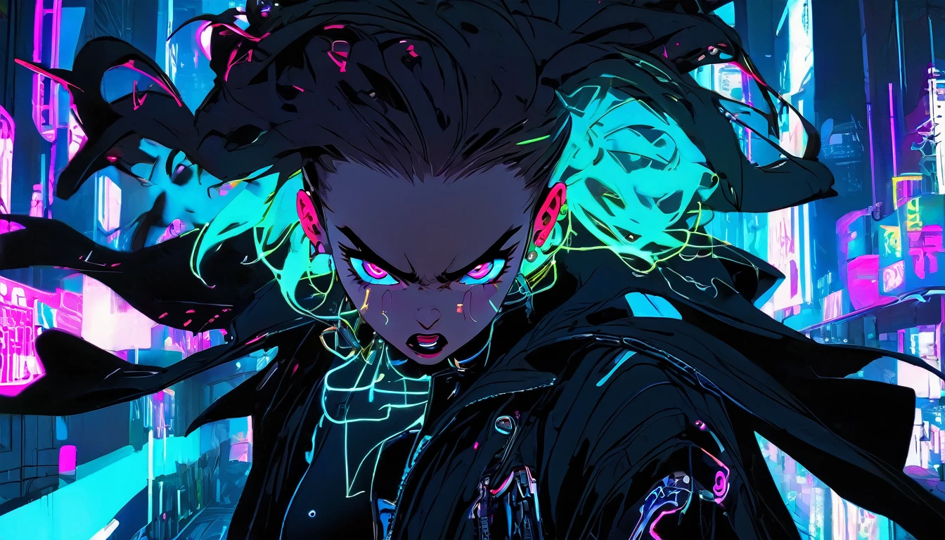 Angry girl 1 person, full body, cyberpunk, blue eyes, glowing eyes, black coat, open coat, neon, teen