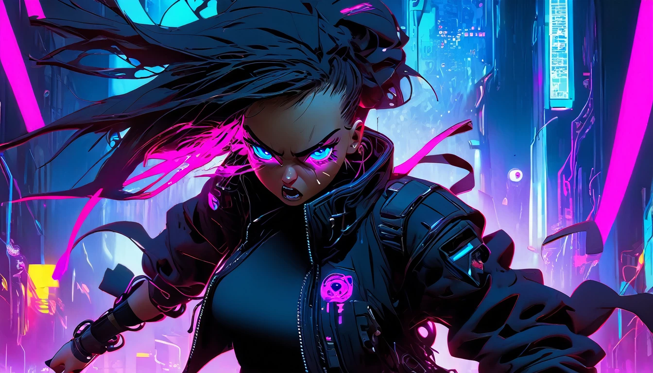 Angry girl 1 person, full body, cyberpunk, blue eyes, glowing eyes, black coat, open coat, neon,