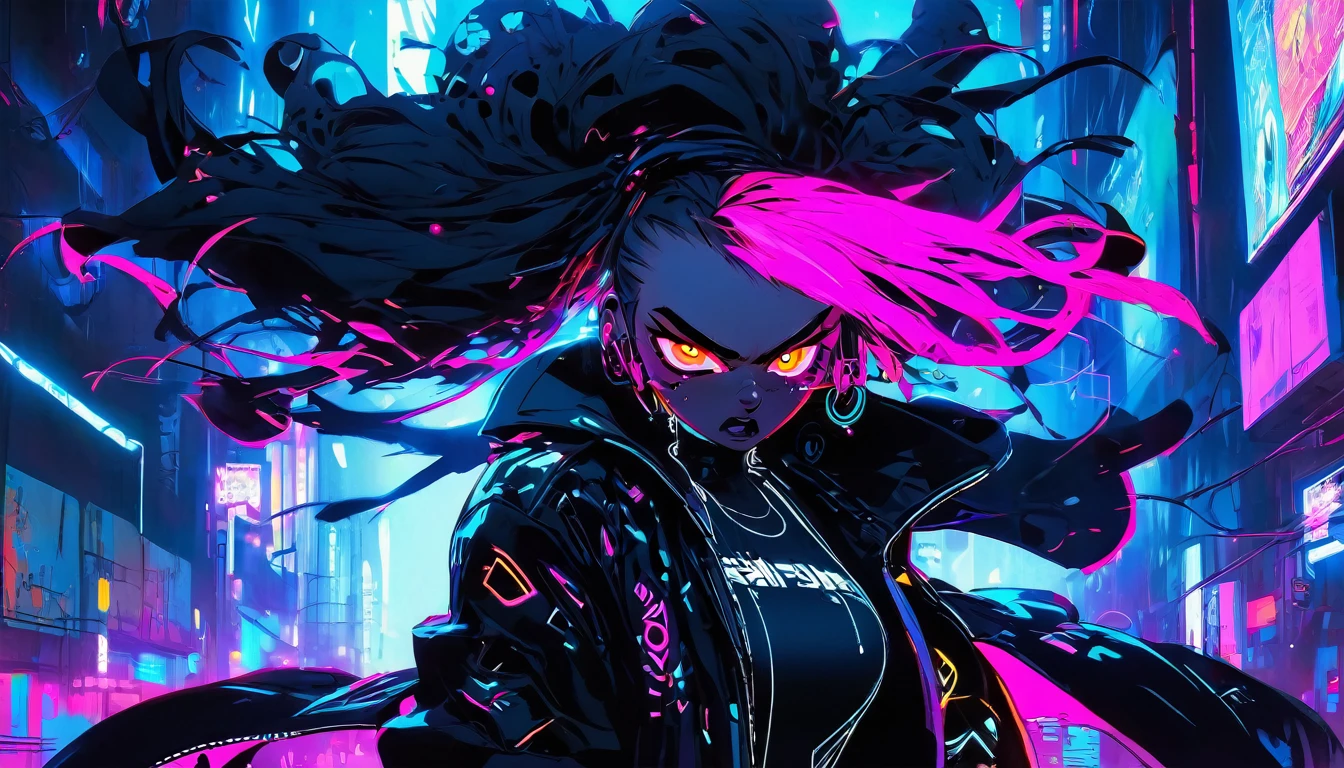 Angry girl 1 person, full body, cyberpunk, blue eyes, glowing eyes, black coat, open coat, neon, teen