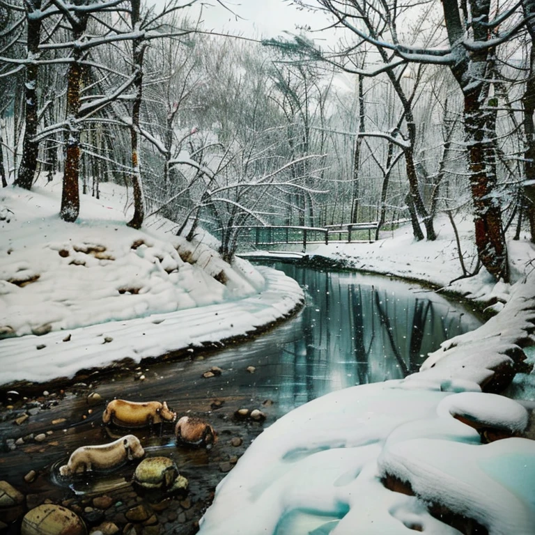 Landscape of a winter fairy tale, der4vya, shrouded in snow, wild animals are sitting under the tree
