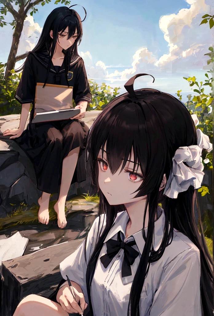 Black Hair, Ahoge, sleepy, Bad mood, anime, anime style, Chiaroscuro, Depth of written boundary, Motion Blur, Ultra-high resolution, Attention to detail, high quality, Close-up of the profile of high school students sitting on a cliff against a clear blue starry sky