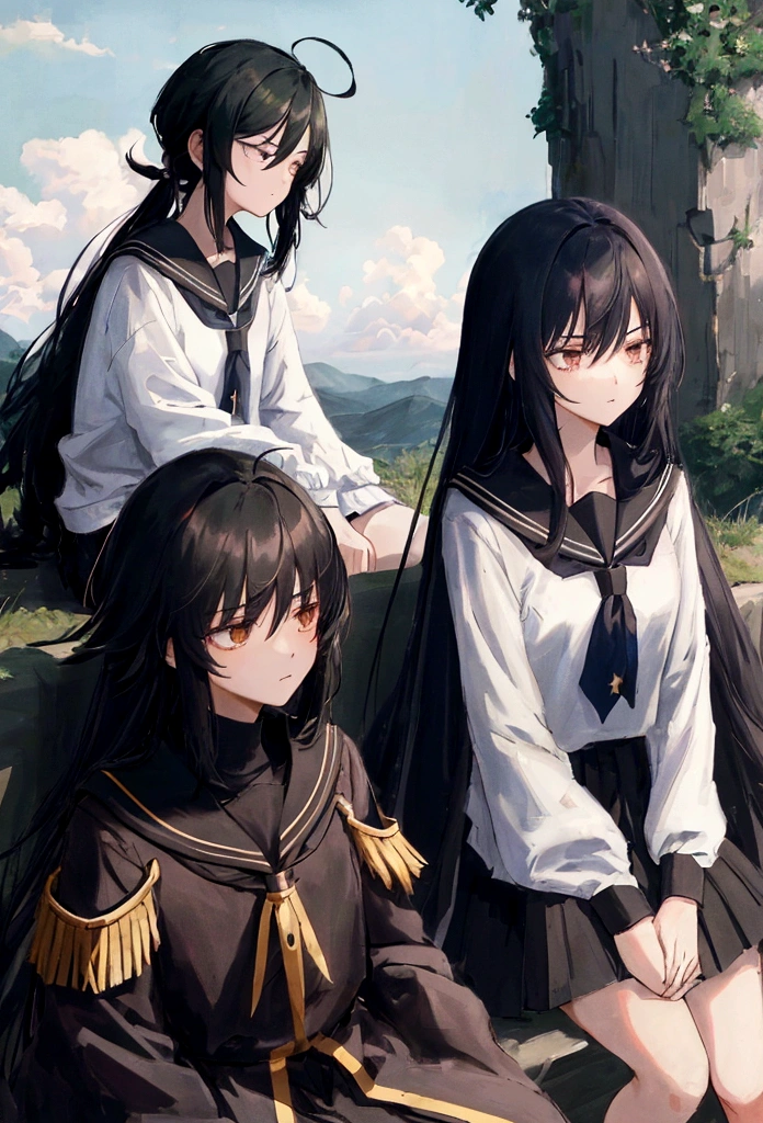 Black Hair, Ahoge, sleepy, Bad mood, anime, anime style, Chiaroscuro, Depth of written boundary, Motion Blur, Ultra-high resolution, Attention to detail, high quality, Close-up of the profile of high school students sitting on a cliff against a clear blue starry sky