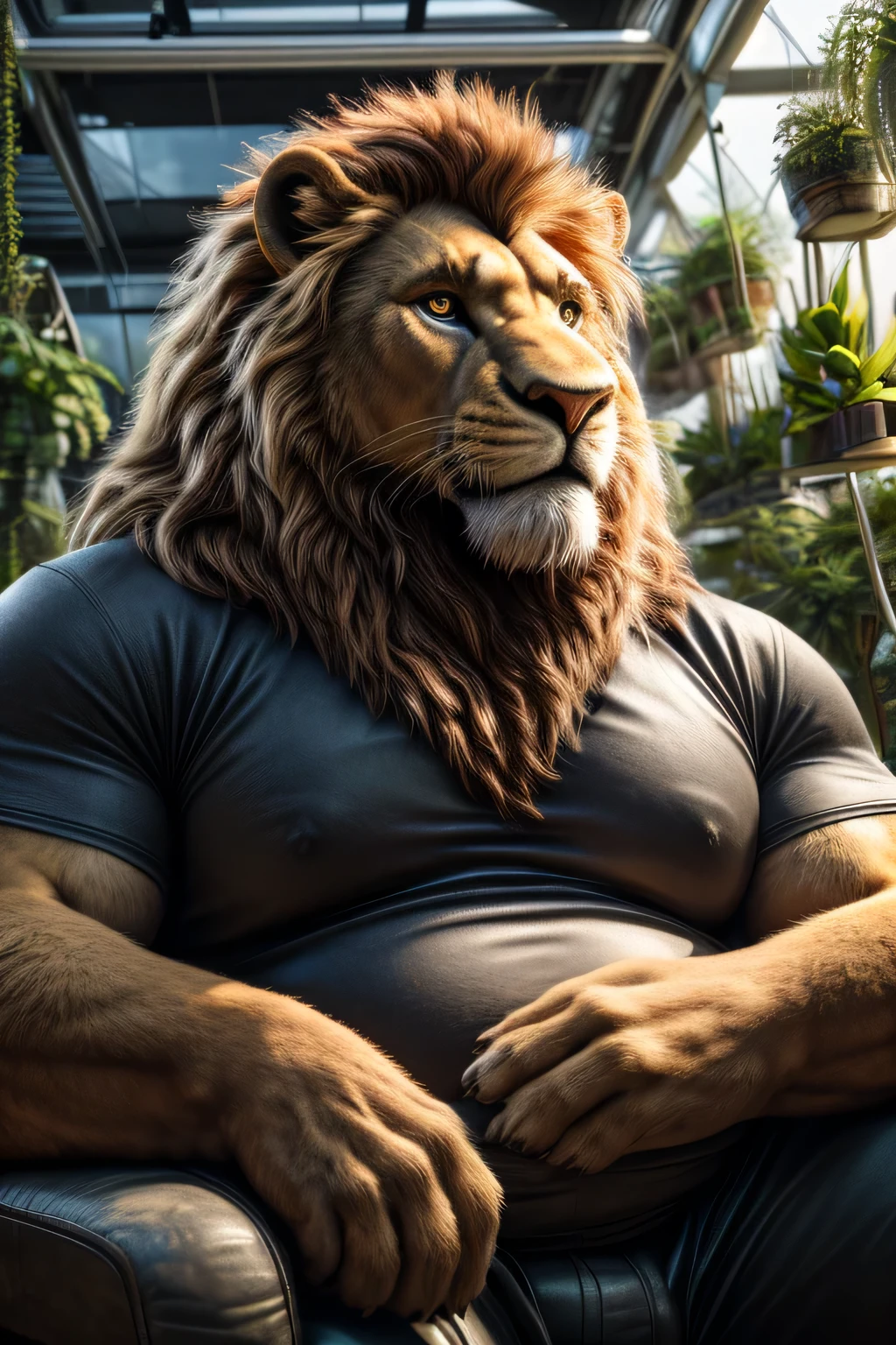 a very obese male lion with a long blond mane, extreme big and fat belly, extremely detailed eyes, feline hands, feral paws, long fur, heavy body hair, wearing a very tight shirt and tight cargo pants, sitting on a homemade chair in an indoor greenhouse, front view, face portrait, (best quality,8k,highres,masterpiece:1.2),ultra-detailed,(realistic,photorealistic,photo-realistic:1.37),HDR,UHD,studio lighting,ultra-fine painting,sharp focus,physically-based rendering,extreme detail description,professional,vivid colors,bokeh,cinematic,extremely detailed eyes and face, correct anatomy, correct eyes, correct hands