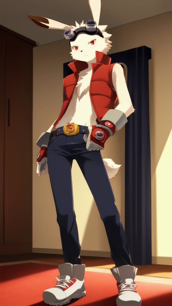 kingkazma, standing, lagomorph, male, front view, solo, anthro, suggestive,full body,sharp eyes,anatomically correct, symmetrical, ((fingerless gloves,handwear, vest,red down vest,goggles, goggles on head,pants pull, footwear, shoes)), scut tail, beautiful red eyes,buckteeth, 4k, hi res, indoors,bedroom, detailed background,realistic, photorealistic, photorealism,ultra realism shading, dimly lit, low light,cinematic lighting,natural lighting, backlighting, digital media (artwork),by katahane3,by yamatokuroko965,by inumania, (rembrandt:1.1025), by essence of rapture, by xnirox, by kurohane karasu,by furukara, by tenebscuro, by nurinaki, by falcrus, by zackary911,by blotch,