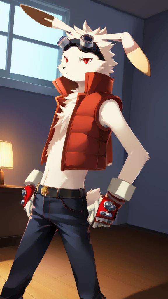 kingkazma, standing, lagomorph, male, front view, solo, anthro, suggestive,full body,sharp eyes,anatomically correct, symmetrical,  ((fingerless gloves,handwear, vest,red down vest,goggles, goggles on head,pants pull, footwear, shoes)), scut tail, beautiful red eyes,buckteeth, 4k, hi res, indoors,bedroom, detailed background,realistic, photorealistic, photorealism,ultra realism shading, dimly lit, low light,cinematic lighting,natural lighting, backlighting, digital media (artwork),by katahane3,by yamatokuroko965,by inumania, (rembrandt:1.1025), by essence of rapture, by xnirox, by kurohane karasu,by furukara, by tenebscuro, by nurinaki, by falcrus, by zackary911,by blotch, 