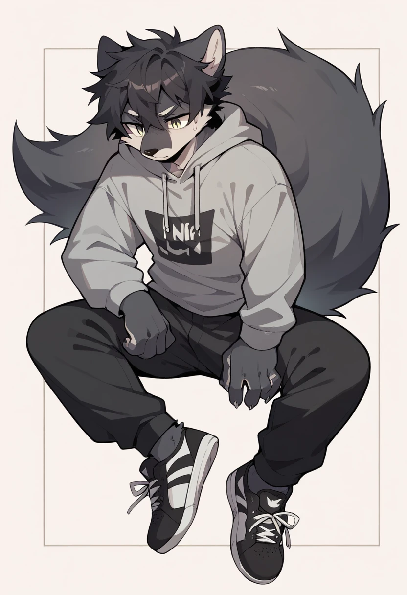 Anthromorphic wolf, clothing: grey hoodie, black sweatpants, black Nike shoes. Appearance: messy tufts of hair, big tail, paws for hands.