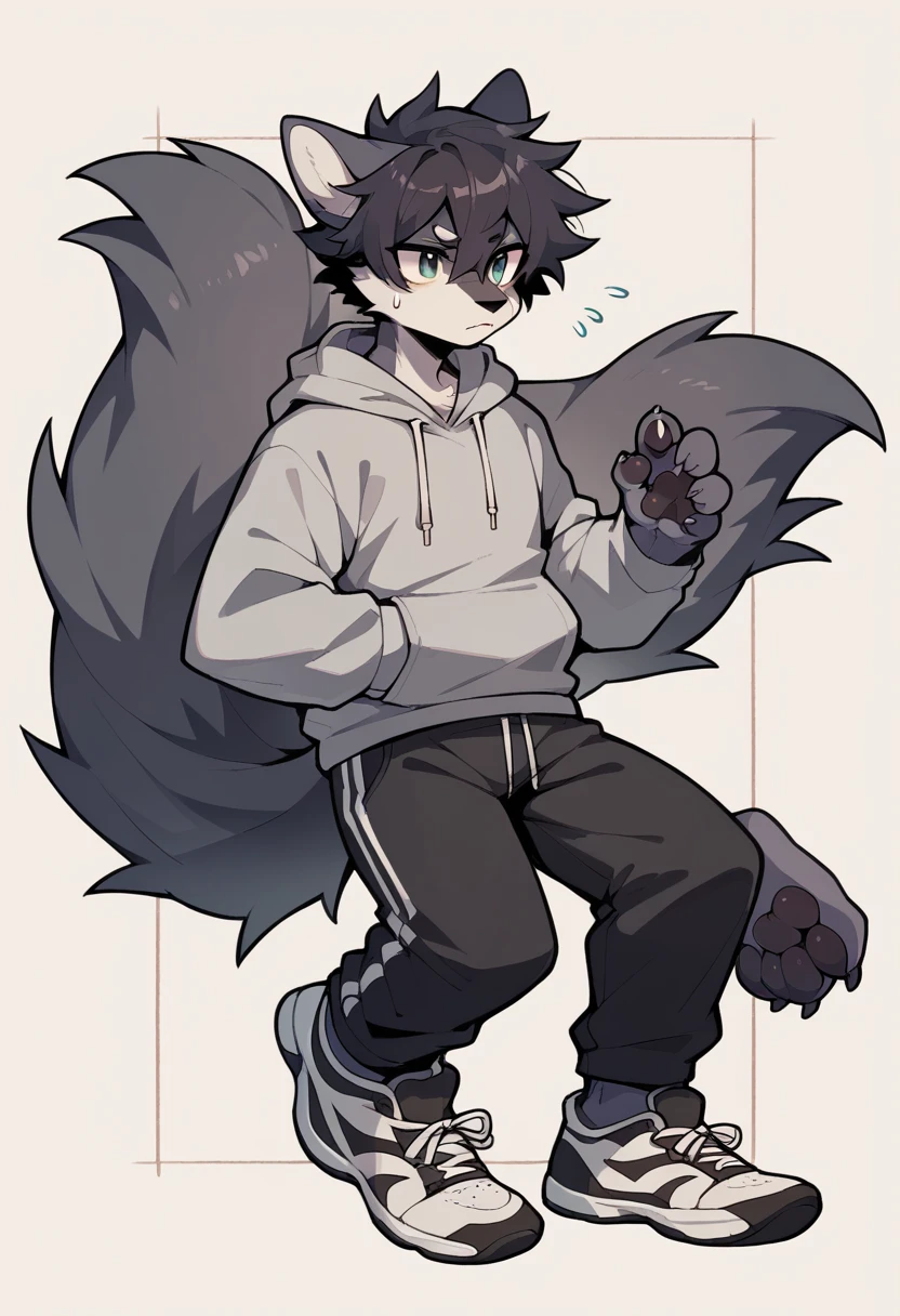 Anthromorphic wolf, clothing: grey hoodie, black sweatpants, black Nike shoes. Appearance: messy tufts of hair, big tail, paws for hands.