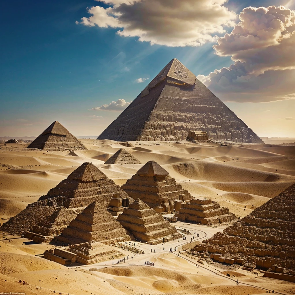 Create the pyramids of Giza ad if they were just built this year. Depict what the pyramids would have liked like before weathering.