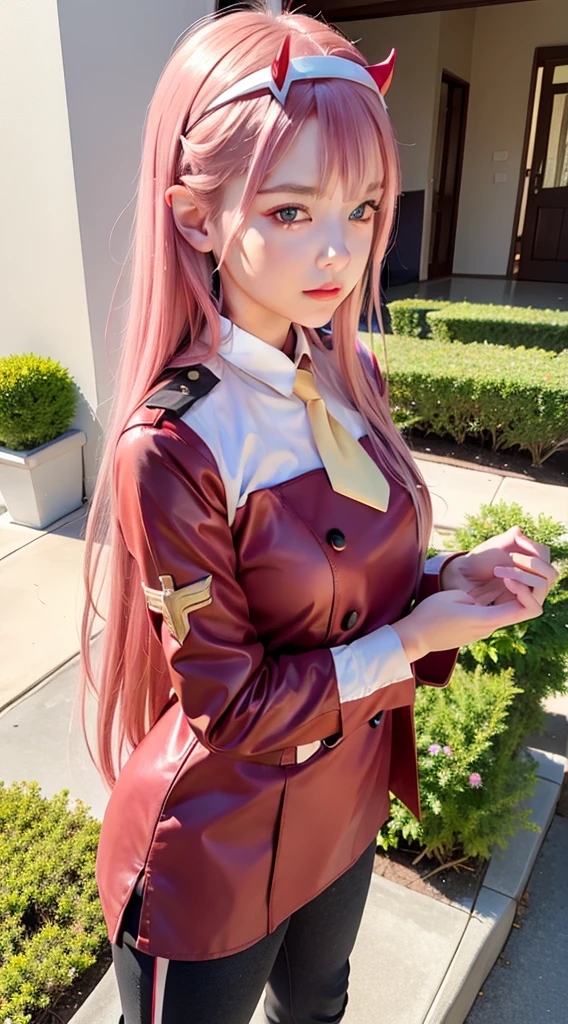 zero two from the anime darling in the franxx, woman, beautiful woman, perfect body, perfect breasts, very beautiful, long hair, pink hair, wearing a red uniform, yellow tie, black pants, white shoes, blue eyes, red spots wearing a headband red-horned, smiling, looking at the audience, standing, realism, masterpiece, textured leather, super detailed, high detail, high quality, best quality, 1080p, 16k