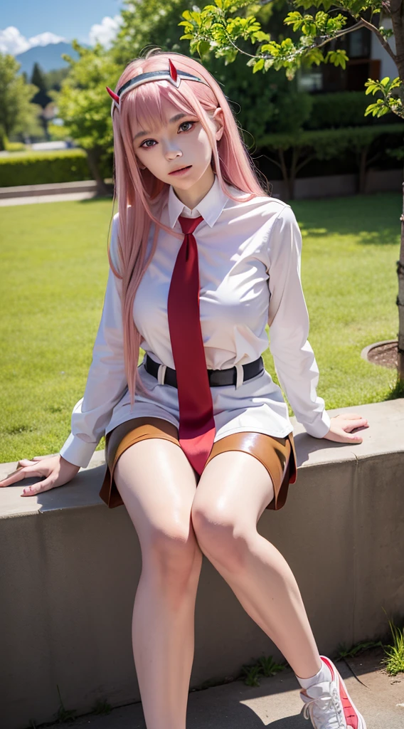 zero two from the anime darling in the franxx, woman, beautiful woman, perfect body, perfect breasts, very beautiful, long hair, pink hair, wearing a red uniform, yellow tie, black pants, white shoes, blue eyes, red spots wearing a headband red-horned, smiling, looking at the audience, standing, realism, masterpiece, textured leather, super detailed, high detail, high quality, best quality, 1080p, 16k
