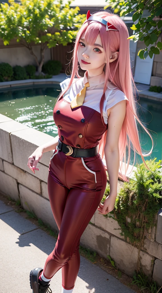 zero two from the anime darling in the franxx, woman, beautiful woman, perfect body, perfect breasts, very beautiful, long hair, pink hair, wearing a red uniform, yellow tie, black pants, white shoes, blue eyes, red spots wearing a headband red-horned, smiling, looking at the audience, standing, realism, masterpiece, textured leather, super detailed, high detail, high quality, best quality, 1080p, 16k