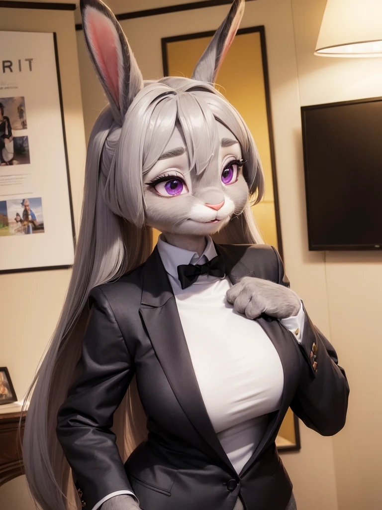 best quality,
masterpiece,
hyper Realistic,
ultra-detailed,
beautiful detailed,
4K，8K，High level,
PIXAR,
Photo real,
Portrait,
Looking at the audience,
background is an office,
Realistic lighting,

((anthropomorphic rabbit)),
detailed animals,
Complex patterns,
(furry:1.5),
(Whole skin is gray:1.4),
(body is fluffy and bushy:1.3),

((human hands)),

(Face is JudyHopps:1.35),
((long straight hair)),
wispy bangs, bangs,
purple eyes,
(arched eyebrows:1.2),
(uplift eyebrows:1.1),
(rabbit ears:1.1),
Smile,

office lady is wearing suit,
((White blouse)) BREAK ((Black blazer)) BREAK ((Black pants)),

clothes made of wool,

((She is blushing in the cheeks)), 

(solo:1.5),
(1 lady:1.5),
one character only
alone,
Perfect Anatomy,