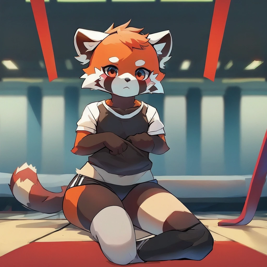 gym warehouse background,1girl,red panda,expressionless,white body,sit down and take off your socks