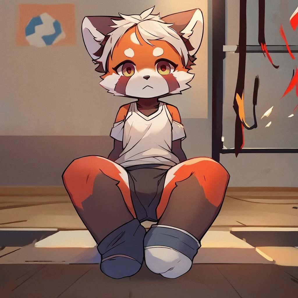gym warehouse background,1girl,red panda,expressionless,white body,sit down and take off your socks