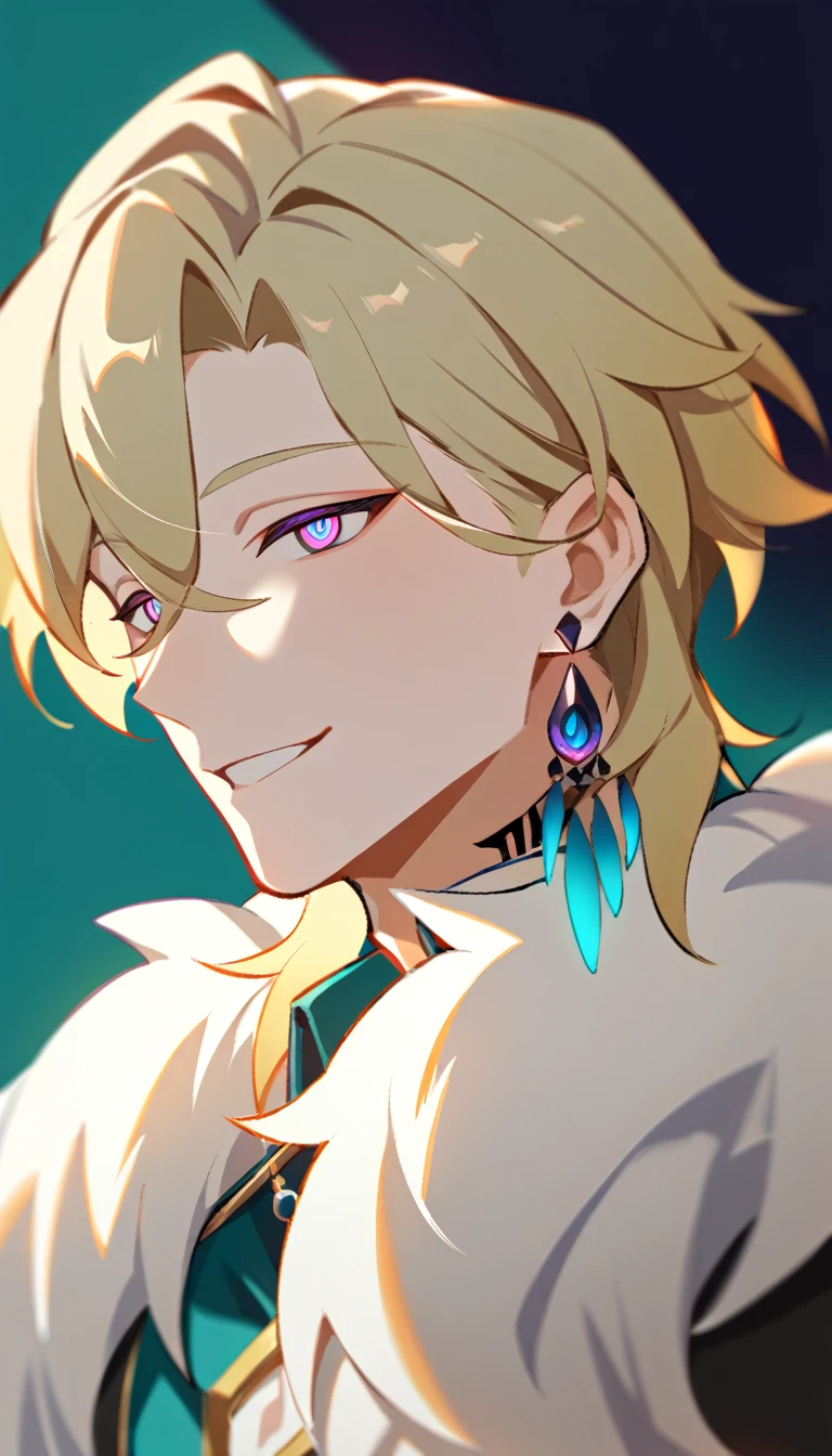 ((в профиль)) (1boy, solo, solo focus), смеется, male focus, bishounen, pale skin, aventurine, blonde hair, medium hair, (two-tone eyes, purple eyes, blue eyes), (perfect face, perfect eyes:1.2), seductive smile, BREAK, (portrait:1.2), indoors, simple background