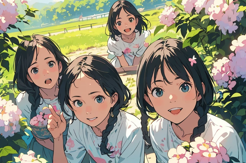 Reasonable design, Clear lines, High Sharpness, (Highest quality,8K,Perfect sharpness,Ultra fine,High resolution,masterpiece:1.2), Perfect Anatomy:1.5, Official Art, Illustrations that tell a story, (Whitish background:0. 9)、Body Positivity、多Mr.な身体表現、(Random and energetic poses)、Perfect beauty、Perfect beautiful face、Strong winds、A rich expression、Dynamic composition、smile、Golden ratio composition、colorful、((Mr.々Different angles and perspectives))、Anime Art、(Mini dress)、(Overcoming stereotypes)、 Glowing Skin、(Natural beauty)、smile、Bangs、(Soft and flowing hair)、(countryside)、(Nostalgic atmosphere)、Put up to your feet、(Playful and carefree)、(多Mr.な民族のキャラクター)、(innocent attitude)、(Sunny atmosphere)、(The skirt flutters wildly in the wind)、(Bright colors)、Beautiful Eyes、(Embarrassing)、Braided Hair、Summer Scene、Smiling among flowers、Angle from below、